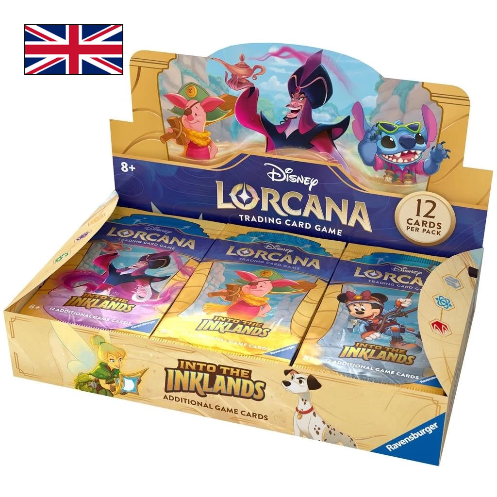 Bild des Booster Displays von Disney Lorcana - Into the Inklands mit Englischer Flagge