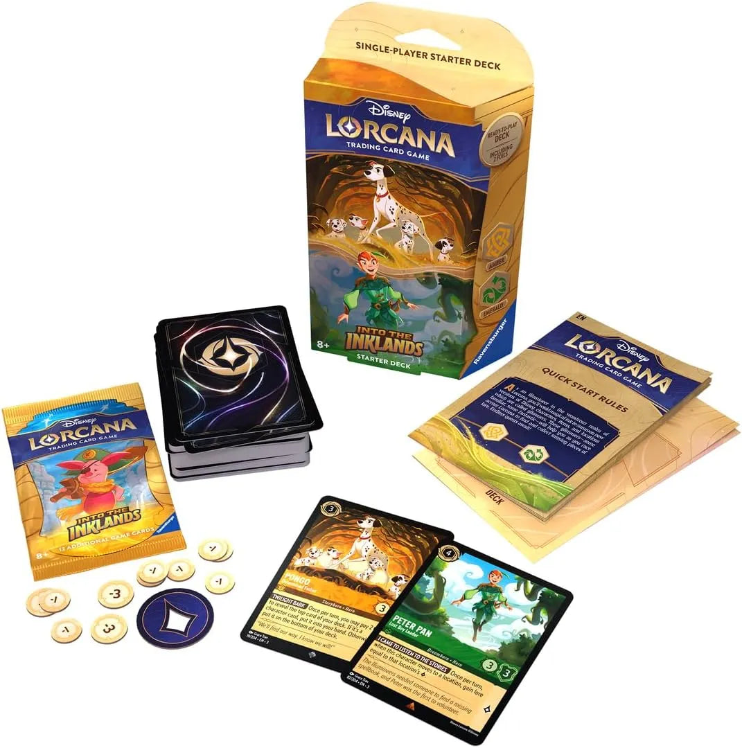 Bild des Starter Decks Bernstein/Smaragd von Disney Lorcana - Die Tintenlande mit Deutscherr Flagge Inhalt