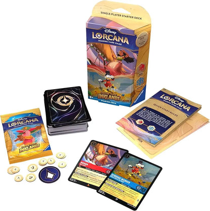 Bild des Starter Decks Rubin/Saphir von Disney Lorcana - Die Tintenlande mit Englischer Flagge Inhalt